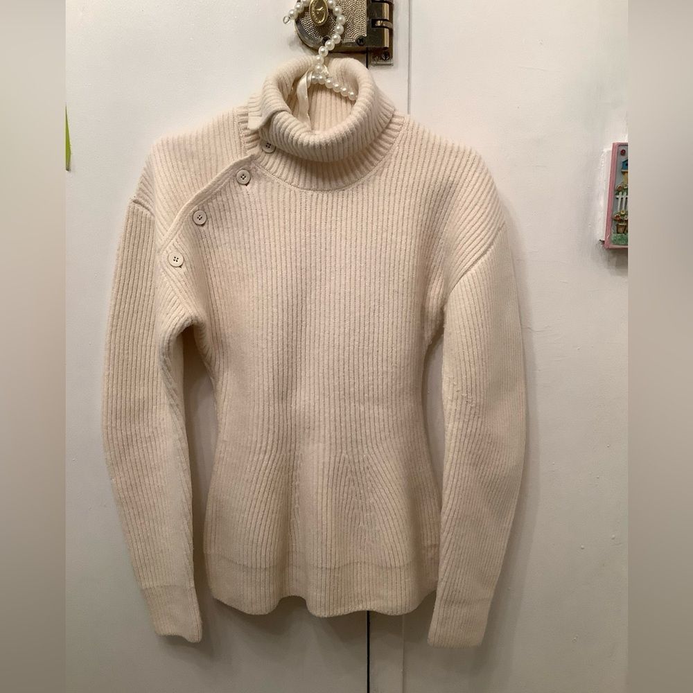 Jil Sander Asymmetric Button Turtleneck Knit Sweater Ivory Long Sleeve Sz 34-S/M - Picture 13 of 16